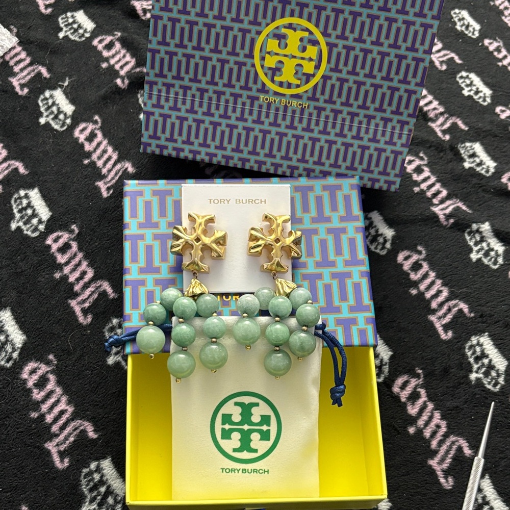 Tory Burch Gold and Mint Green Beaded Earrings